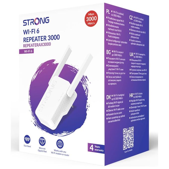 Strong REPEATERAX3000 Ripetitore Wi-Fi 6 Dual Band AX3000 574 Mbit-s 2.4 GHz 2402 Mbit-s 5 GHz 1 Porta Gigabit Ethernet WPA3 colore Bianco