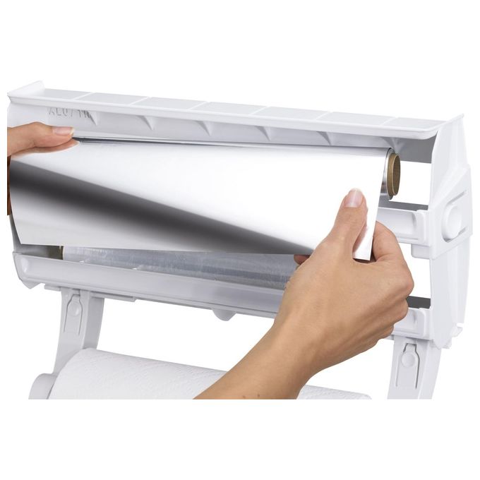 Leifheit 25771 Parat F2 Portarotoli da Parete per 3 Rotoli con Tagliacarta e Ripiano Portaspezie colore Bianco