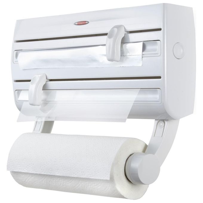Leifheit 25771 Parat F2 Portarotoli da Parete per 3 Rotoli con Tagliacarta e Ripiano Portaspezie colore Bianco