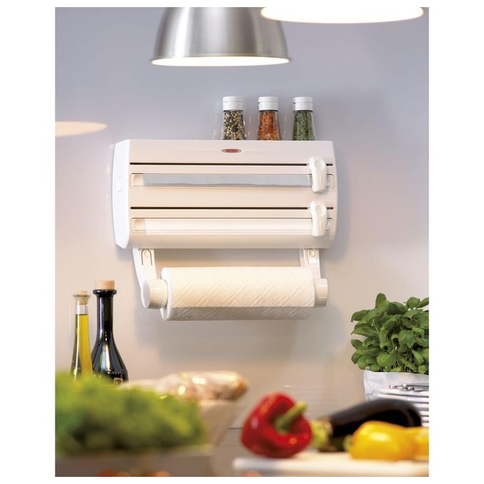 Leifheit 25771 Parat F2 Portarotoli da Parete per 3 Rotoli con Tagliacarta e Ripiano Portaspezie colore Bianco