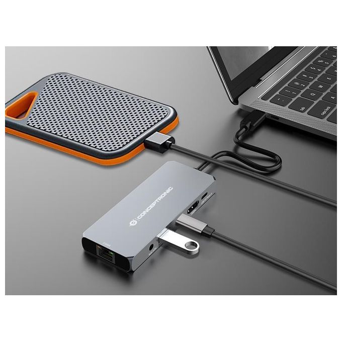 Conceptronic DONN22G Docking Station 6 in 1 USB4 40 Gbps HDMI 2.1 8K 60Hz Ethernet 2.5GbE USB PD 100W colore Grigio