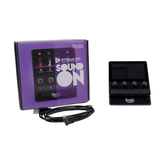 Hercules 4780933 Stream 100 Controller Audio per Livestream Schermo LCD 4 Encoder 4 Pulsanti Assegnabili colore Nero