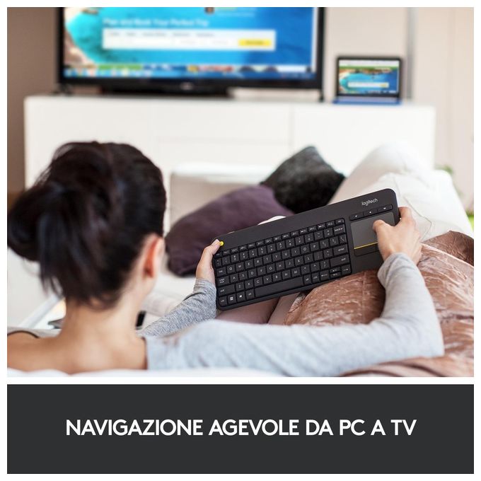 Logitech K400 Plus Tastiera Wireless Touch TV, Facili Controlli Multimediali e Touchpad Integrato, Tastiera HTPC per TV Collegata al PC, Windows, Android, Chrome OS, Laptop, Italiano QWERTY - Nero