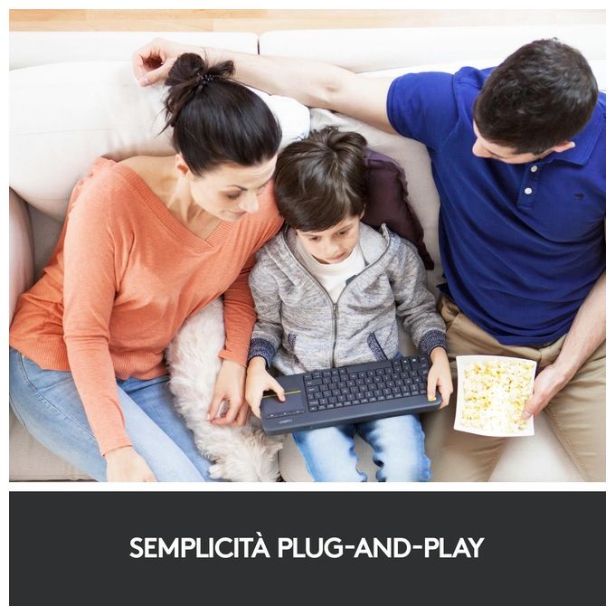Logitech K400 Plus Tastiera Wireless Touch TV, Facili Controlli Multimediali e Touchpad Integrato, Tastiera HTPC per TV Collegata al PC, Windows, Android, Chrome OS, Laptop, Italiano QWERTY - Nero