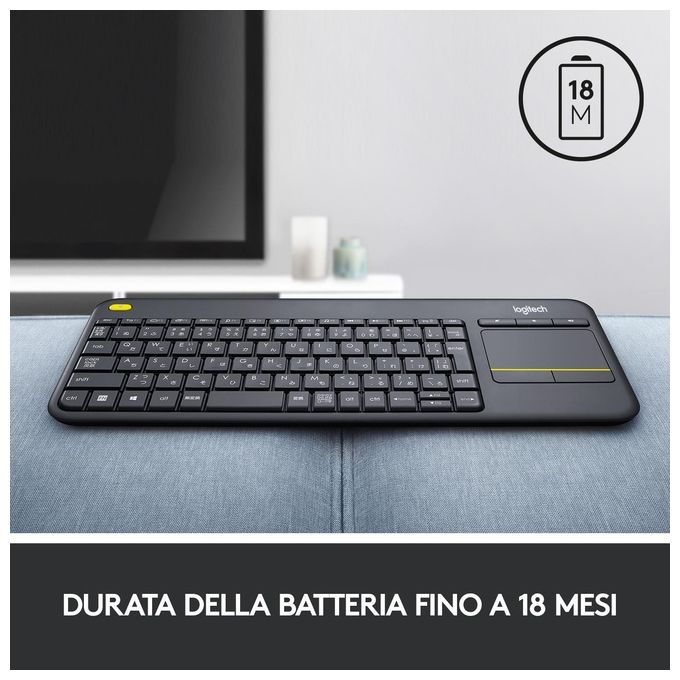 Logitech K400 Plus Tastiera Wireless Touch TV, Facili Controlli Multimediali e Touchpad Integrato, Tastiera HTPC per TV Collegata al PC, Windows, Android, Chrome OS, Laptop, Italiano QWERTY - Nero