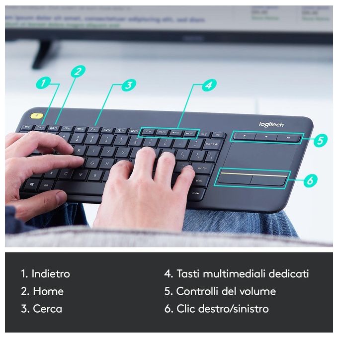 Logitech K400 Plus Tastiera Wireless Touch TV, Facili Controlli Multimediali e Touchpad Integrato, Tastiera HTPC per TV Collegata al PC, Windows, Android, Chrome OS, Laptop, Italiano QWERTY - Nero