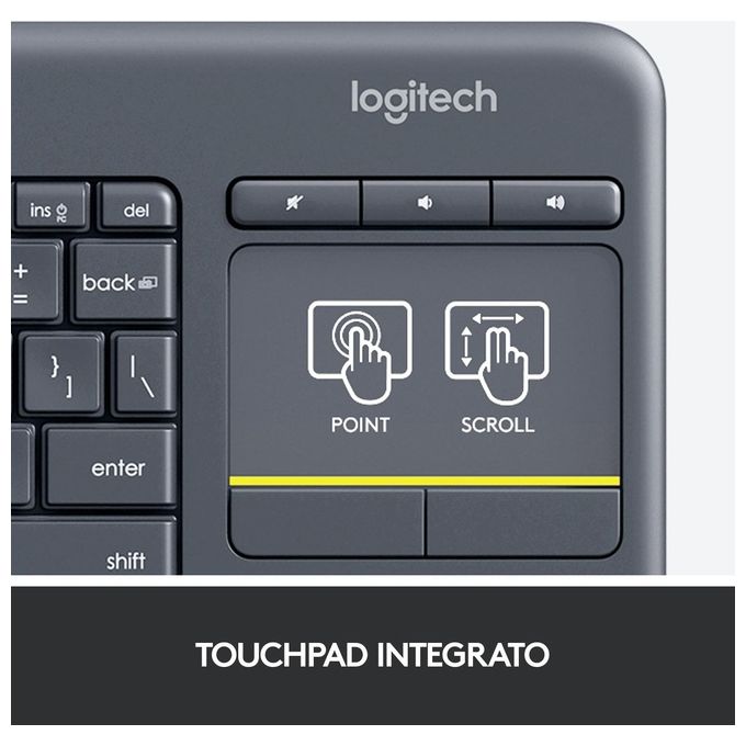 Logitech K400 Plus Tastiera Wireless Touch TV, Facili Controlli Multimediali e Touchpad Integrato, Tastiera HTPC per TV Collegata al PC, Windows, Android, Chrome OS, Laptop, Italiano QWERTY - Nero