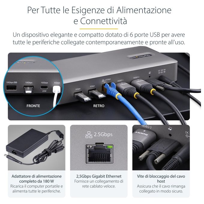 StarTech.com 155UE-USB4-DOCK Docking Station USB4 Doppio Monitor HDMI 4K 120Hz 8K 6x USB 2.5GbE 100W PD colore Argento