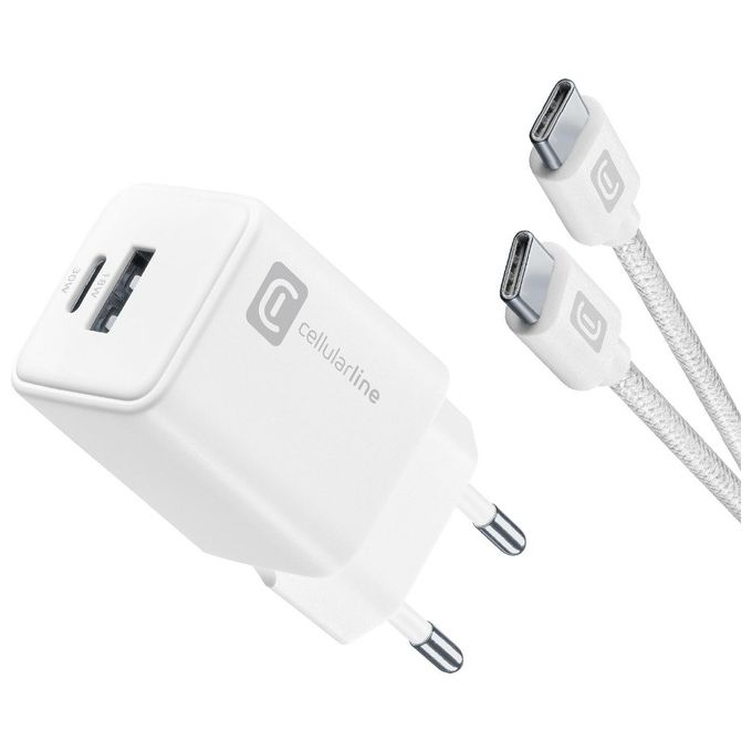 Cellularline ACHKITC2CGAN30TABW Multipower 30W Kit Caricabatterie da Rete con Tecnologia GaN 30W USB-C e 18W USB-A con Cavo USB-C to USB-C 100 cm colore Bianco