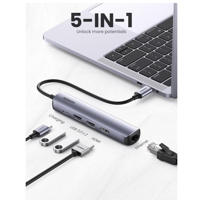UGREEN 10919 Hub USB C HDMI 4K@60Hz Ethernet 1000Mbps PD 100W 2 USB 3.0 Docking Station compatibile con MacBook PRO Air M1 M2 Steam Deck Surface PRO 8 Galaxy S23 Tab S8 Dell XPS 15 13 colore Nero