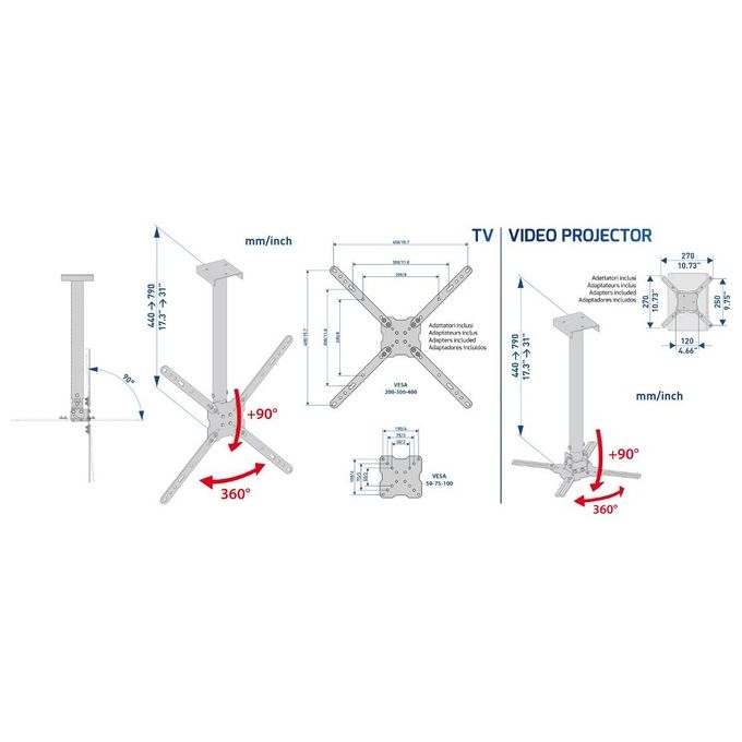 Meliconi 480862 Slimstyle 400CE Staffa Supporto da Soffitto per TV 14'' 65'' e Videoproiettori 35 Kg Rotazione 360° colore Nero