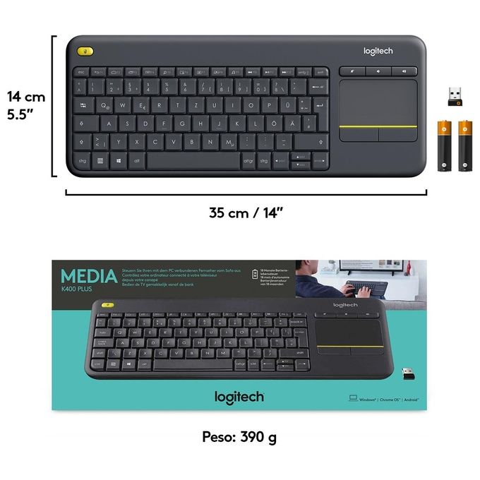 Logitech K400 Plus Tastiera Wireless Touch TV, Facili Controlli Multimediali e Touchpad Integrato, Tastiera HTPC per TV Collegata al PC, Windows, Android, Chrome OS, Laptop, Italiano QWERTY - Nero