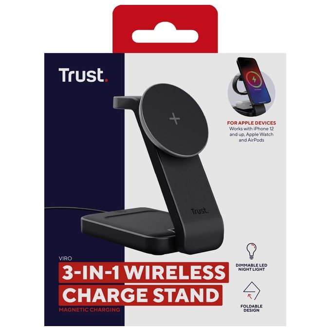 Trust Viro Supporto di Ricarica Wireless 3-in-1 Magnetico per iPhone Apple Watch AirPods 20W USB-C Design Pieghevole Luce Notturna LED Dimmerabile colore Nero