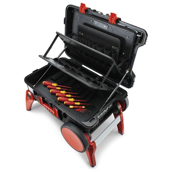 Wiha 44129 Valigetta Portautensili XXL III 52.5 Litri Polipropilene IP55 Ruote Extra Large Gambe Ripiegabili Colore Nero Rosso
