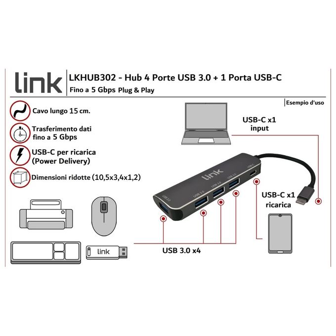 Link Hub Usb-C con 4 Porte Usb e Porta Usb-C Femmina Pd per Ricarica Dispositivi