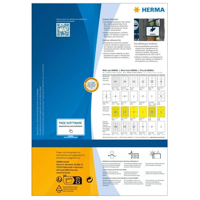 HERMA 9501 Special Film Adesivo Outdoor A4 Etichetta Autoadesiva Permanente Extra Forte Resistente alle Intemperie 210 x 297 mm colore Bianco