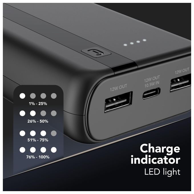 Cellularline PBENTRY20000K Power Bank 20000 mAh USB-C Input 10.5W 2 USB Output 12W Ioni di Litio LED colore Nero