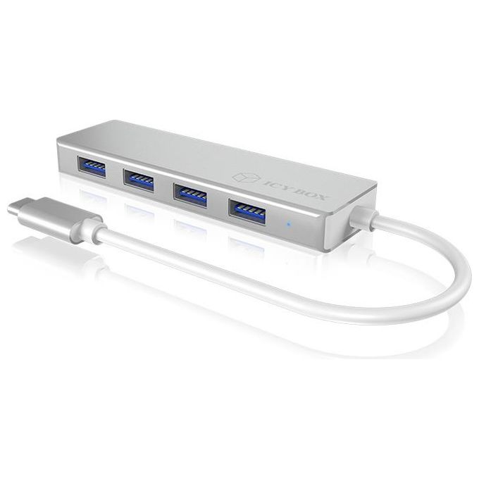 Raidsonic IB-HUB1425-C3 Hub USB-C a 4 Porte con 4 Porte USB 3.0 Connettore USB 3.0 in Alluminio Cavo Integrato Argento-Bianco