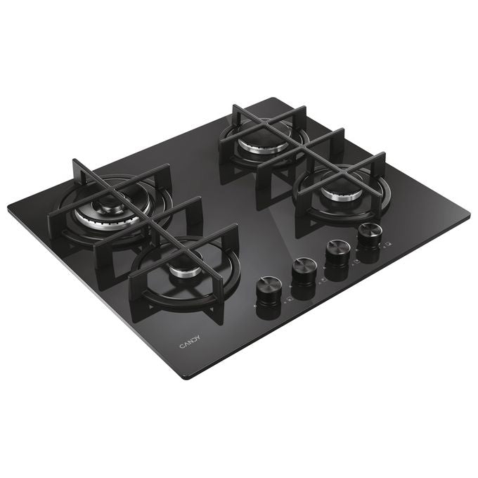 Candy CVG6BR4WTB Moderna Piano cottura a gas 60 cm 4 fuochi Vetro temperato Griglie lavabili in lavastoviglie colore Nero