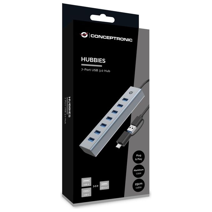 Conceptronic HUBBIES21G Hub USB 3.0 a 7 porte con cavo 2 in 1 USB A-C alimentazione USB-C 5 Gbps colore Grigio