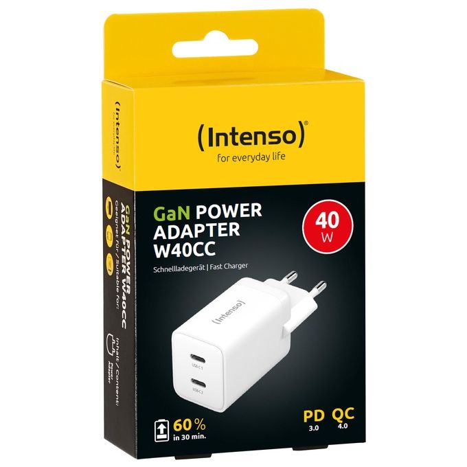 Intenso Power Adapter W40CC GaN Alimentatore con 2 Porte USB-C 40 Watt e Tecnologia GaN Bianco