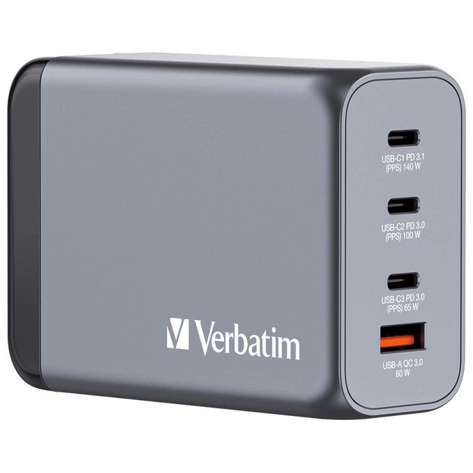 Verbatim 32205 GNC-240 Alimentatore GaN 240W con 3 USB-C PD 140W 100W 65W 1 USB-A QC 3.0 colore Nero Grigio
