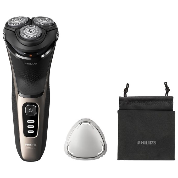 Philips S3242-12 Shaver 3000 Rasoio elettrico rotazione bagnato e asciutto 3 testine autonomia 60 min colore Nero Oro