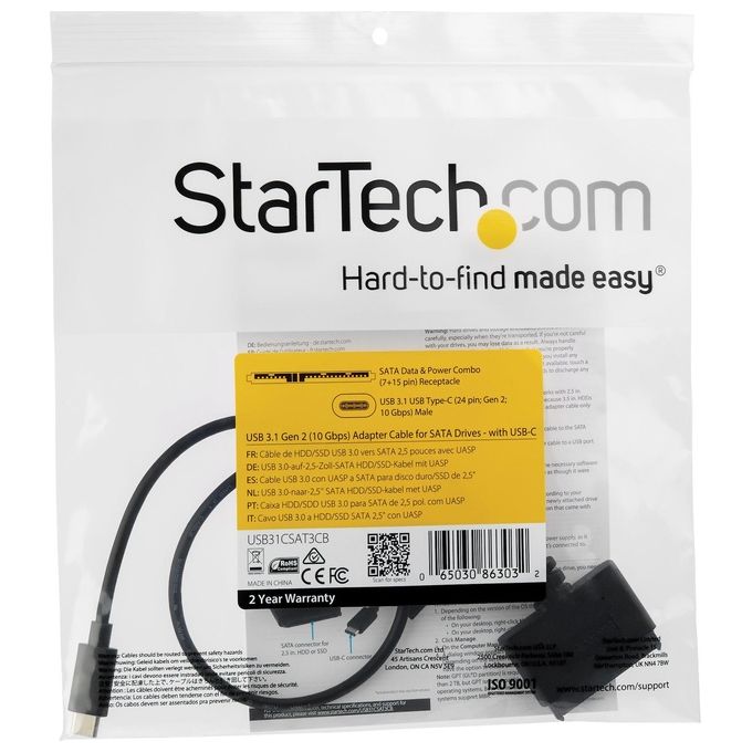 StarTech Cavo Adattatore Usb 3.1 Gen 2 a Sata da 10Gbps per Unita' Dischi Rigidi da 2,5'' USB-C