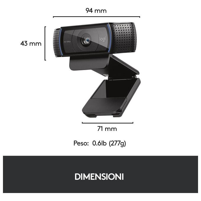 Logitech, Webcam HD Pro C920, Full HD 1080p, Audio Stereo, Correzione Luce HD