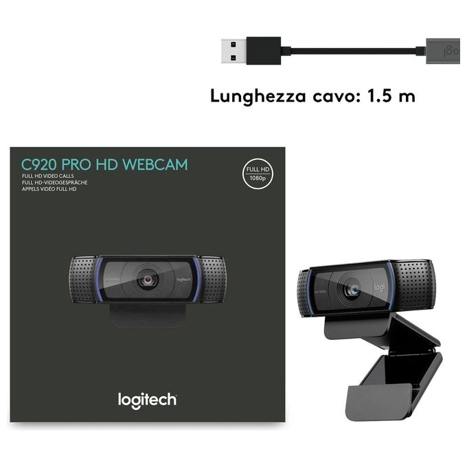 Logitech, Webcam HD Pro C920, Full HD 1080p, Audio Stereo, Correzione Luce HD