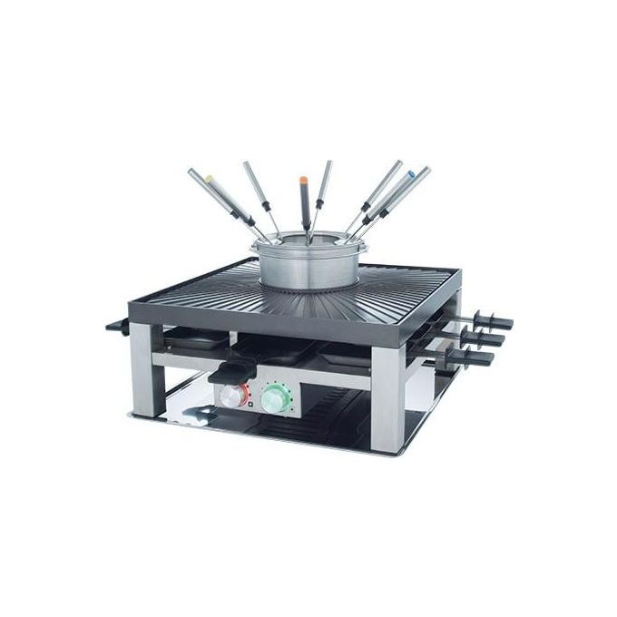 Solis 7611210977216 Combi Grill 3 in 1 Set per Gourmet Raclette e Fondue per 8 Persone Potenza 1200 W e 800 W con Piastra Antiaderente e Vasca in Acciaio Inox colore Argento Nero