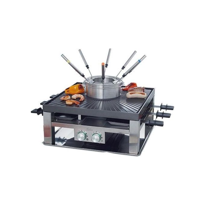 Solis 7611210977216 Combi Grill 3 in 1 Set per Gourmet Raclette e Fondue per 8 Persone Potenza 1200 W e 800 W con Piastra Antiaderente e Vasca in Acciaio Inox colore Argento Nero