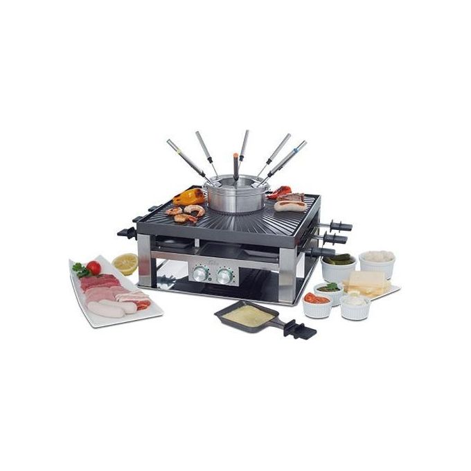 Solis 7611210977216 Combi Grill 3 in 1 Set per Gourmet Raclette e Fondue per 8 Persone Potenza 1200 W e 800 W con Piastra Antiaderente e Vasca in Acciaio Inox colore Argento Nero