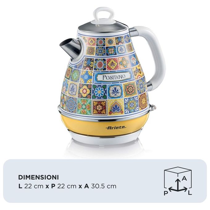 Ariete 2869 Positano Bollitore Elettrico 1.7 L 2200 W Base Cordless 360° Spegnimento Automatico Doppia Parete colore Giallo Blu