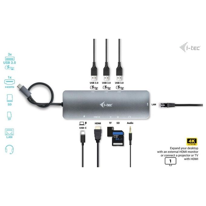 I-tec C31NANODOCKLANPD USB-C 4K Nano Docking Station HDMI 4K@60Hz Ethernet Gigabit 3x USB 3.2 Gen 1 Lettore SD-microSD Power Delivery 100W colore Argento