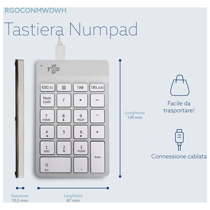 R-Go Tools RGOCONMWDWH Tastierino Numerico Numpad Break con Indicatore di Pausa USB Filaire colore Bianco