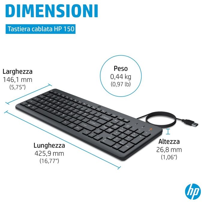 HP 664R5AA Tastiera Cablata 150 Full-size Layout Italiano USB-A 12 Tasti Funzione Plug and Play colore Nero