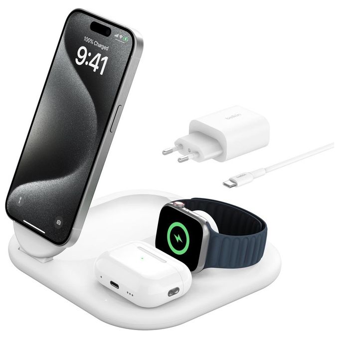 Belkin WIZ029VFWH BoostCharge Caricabatteria Magnetico Pieghevole 3 in 1 Qi2 15 W Compatibile con MagSafe Apple Watch e AirPods Alimentatore Incluso colore Bianco