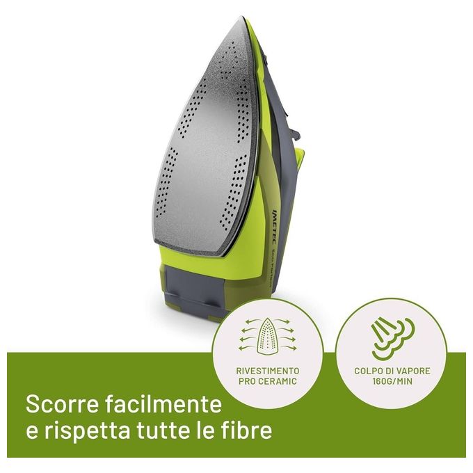 Imetec 9017 Eco Perfect Ferro da Stiro a Vapore 2400W Piastra Pro Ceramic Colpo Vapore 160g Serbatoio 300ml Tripla Protezione Anticalcare colore Verde Grigio