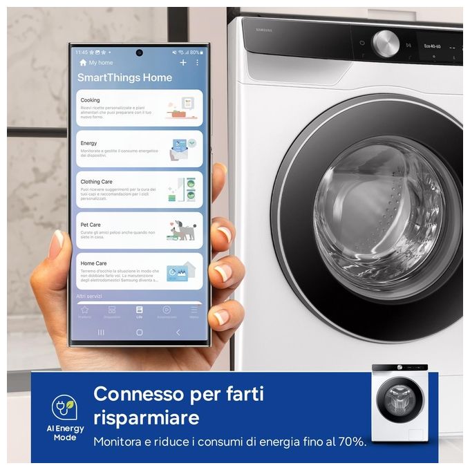 Samsung WW90DG6U85LKU3 AI Ecobubble Lavatrice Frontale 9 Kg 1400 rpm Classe A Wi-Fi Ecodosatore Vapore (85x60x55 cm) colore Bianco