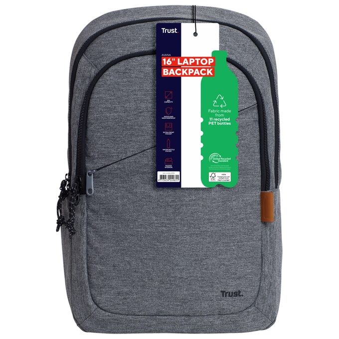 Trust 24981 Avana Zaino per Laptop 16'' Ecologico RPET 20 lt Impermeabile colore Grigio