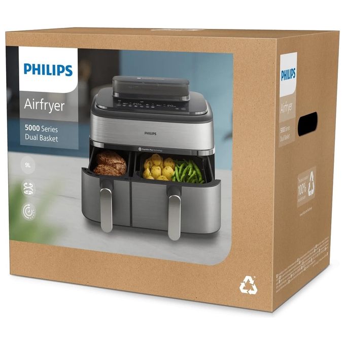 Philips NA555-00 Serie 5000 Friggitrice ad aria 9L 2750W Doppio Cestello 19 Programmi Cottura a Vapore colore Argento