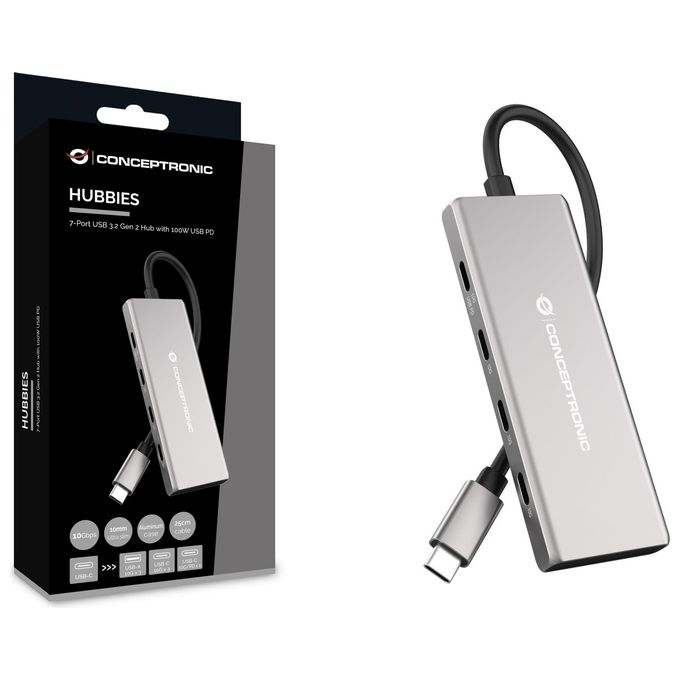 Conceptronic HUBBIES17G Hub USB 3.2 Gen 2 Type-C 7 Porte 3xType-A 4xType-C 10000 Mbit-s Power Delivery 100W colore Grigio