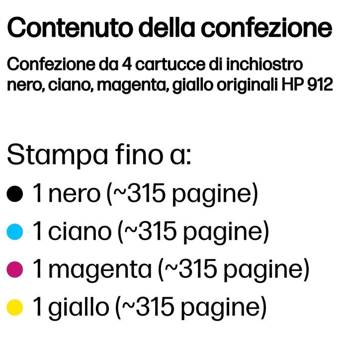 HP 6ZC74AE Confezione da 4 cartucce di inchiostro originali HP 912 tipo pigmento nero ciano magenta giallo resa 300-315 pagine colore Nero