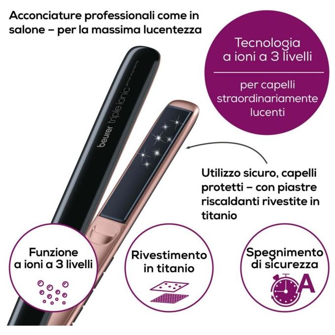 Beurer 59100 Piastra per capelli HS 80 Rivestimento in Titanio Temperatura Regolabile 120 220 °C Funzione Ionica a 3 Livelli colore Rame