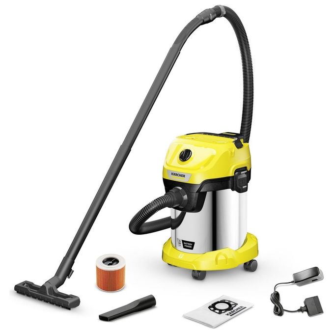 Kärcher WD 3-18 Aspirapolvere a Cilindro Secco e Bagnato 18V 5Ah 17 L 225 W Senza Fili IPX4 colore Giallo Acciaio Inox