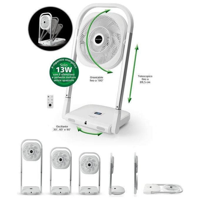 Macom 986 Slimmy Ventilatore a Piantana Pieghevole 9 Velocita' 13W Timer 8h Telecomando colore Bianco