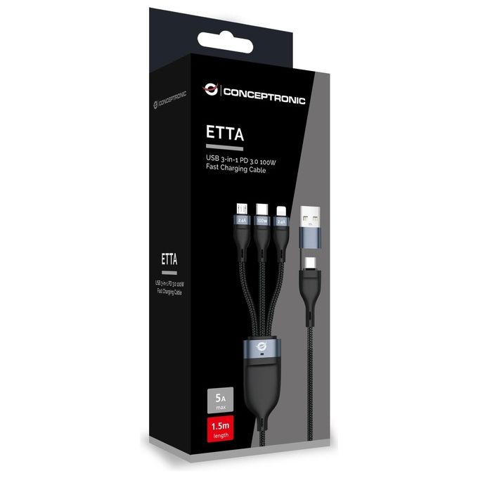Conceptronic ETTA06B15Cavo Usb Usb 2.0 1.5mt Usb C Usb C-micro-usb B-lightning Nero