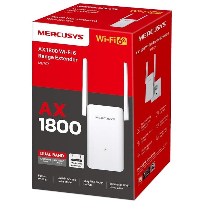 Mercusys ME70X Range Extender Wi-Fi 6 Dual Band AX1800 Mbps 1 Porta Gigabit Ethernet MU-MIMO Beamforming colore Bianco