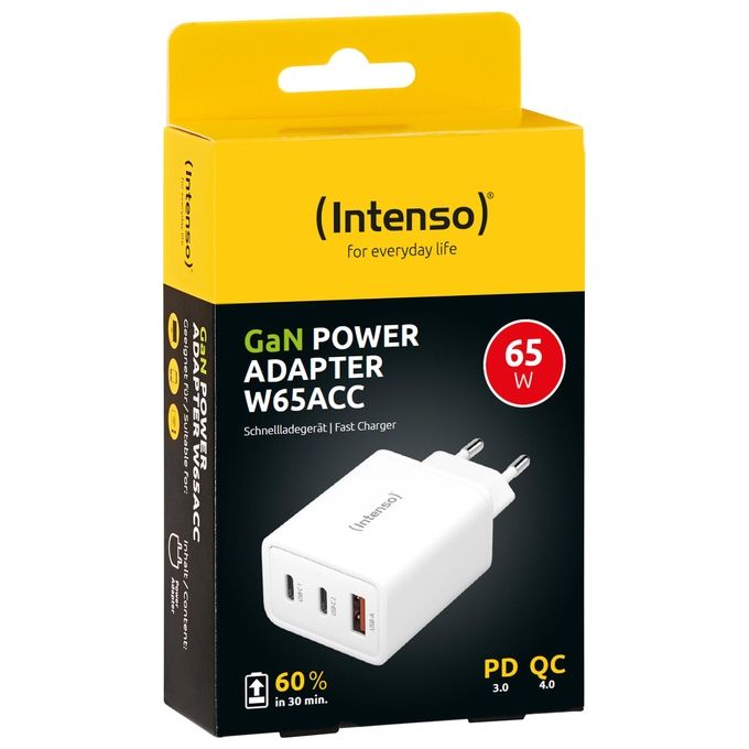 Intenso Power Adapter W65ACC Alimentatore USB con 1 USB-A e 2 Porte USB-C Tecnologia GaN a Risparmio Energetico e 65 Watt Bianco